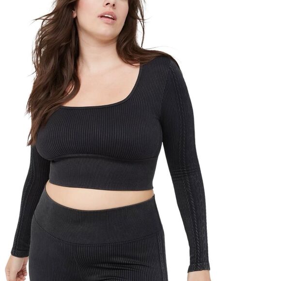 Aerie Offline Black Seamless Faux Cable Square Neck Crop Top - M - Picture 1 of 9